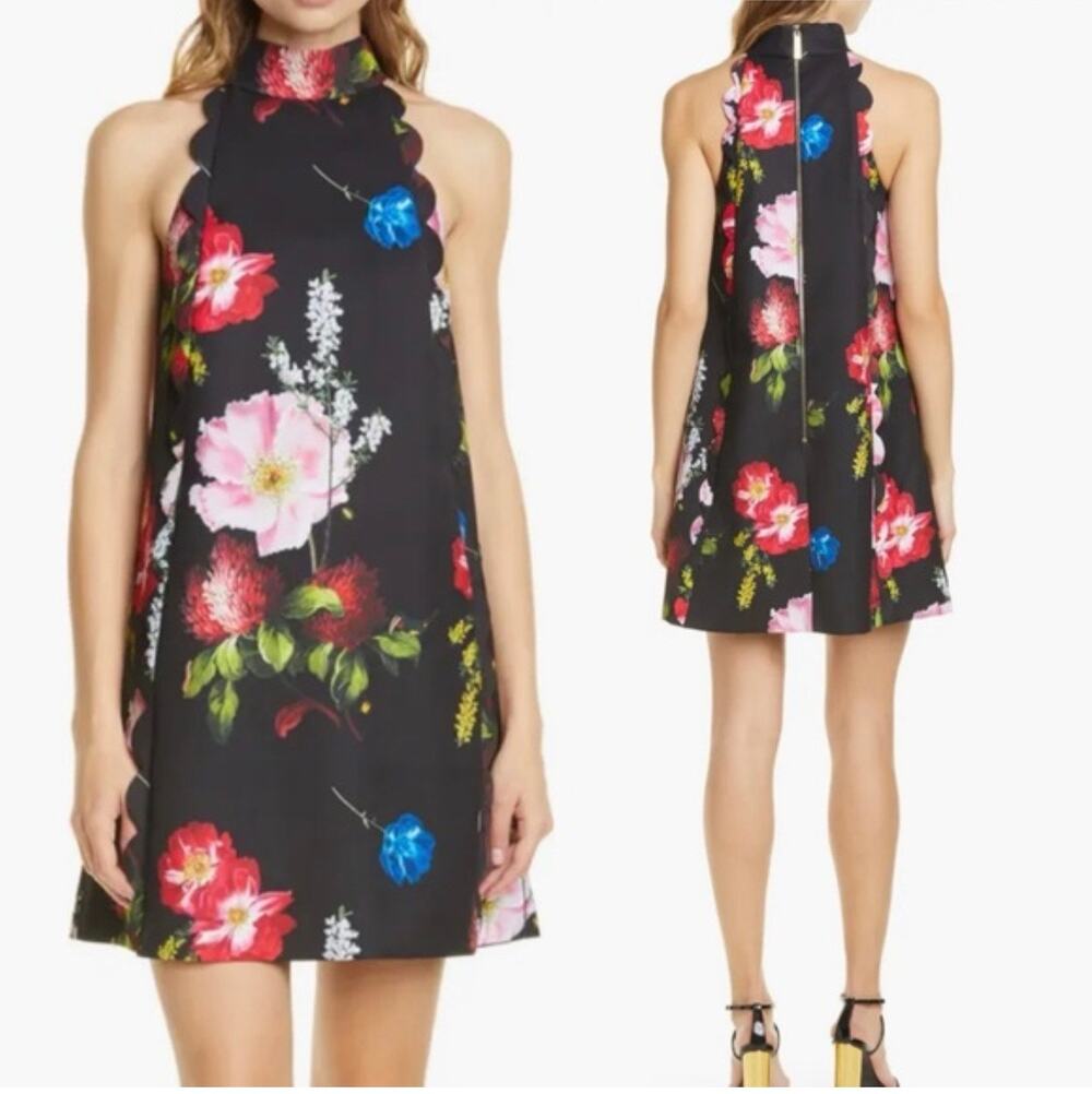 Ted Baker Tanii Black Floral Scallop Halter Dress - Size 2